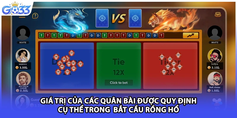 Giá trị của các quân bài được quy định cụ thể trong bắt cầu rồng hổ